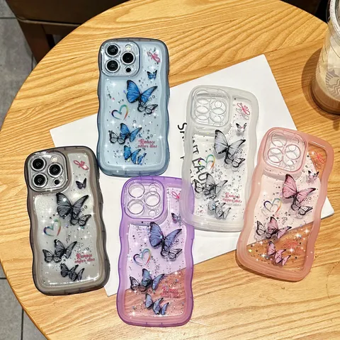 Koreaanse Stijl Glitter Ster Epoxy Vlinder Golvende TPU Telefoonhoesje Voor iPhone