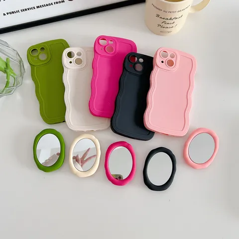 Minimalist Solid Color Wave Pattern TPU Phone Case With Makeup Mirror Stand Shockproof Back Cover For iPhone