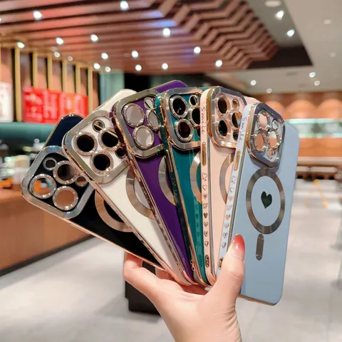 Magnetische Draadloos Opladen Gegalvaniseerde TPU Telefoonhoesje Met Hartjespatroon Beschermende Cover Voor iPhone
