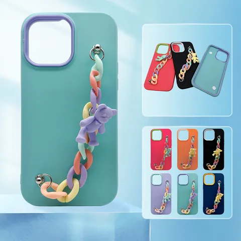 Liquid Silicone Phone Case For Smartphone With Cute Bear And Colorful Chain Strap Protective Back Cover