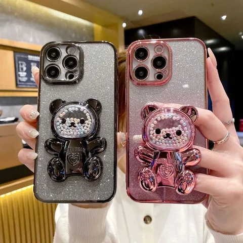Coque de Téléphone Ours Perle Pailletée Avec Support Housse de Protection Souple en TPU Pour Samsung S24 S23 Ultra A54 A13