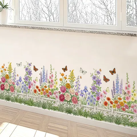Pastoral Botanical Flower Garden Fence Wall Sticker Self Adhesive Waterproof Butterfly Wall Decal For Classroom Nursery Home Decor