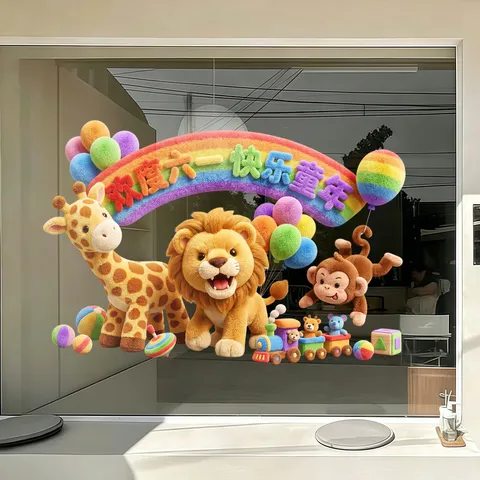 Static Cling Window Sticker Cute Cartoon Animal Rainbow Balloons Decorative Glass Film Decal For Children Day School Shop Showcase Decoration