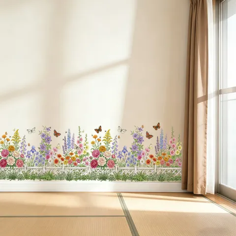 Pastoral Botanical Flower Garden Fence Wall Sticker Self Adhesive Waterproof Butterfly Wall Decal For Classroom Nursery Home Decor