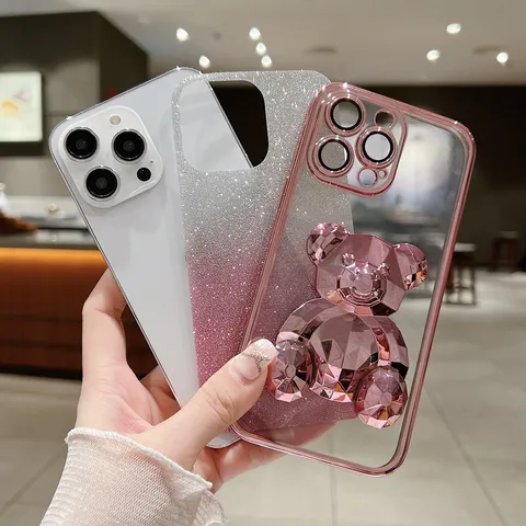 Diamanten Beer Standaard Verguld Verloop Glitter Telefoonhoesje Voor iPhone Pro Max Plus X XS XR Schokbestendige TPU Hoes