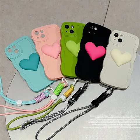Minimalist Silicone Wavy Phone Case With Heart Charm And Hand Strap Soft TPU Protective Back Cover For iPhone Series