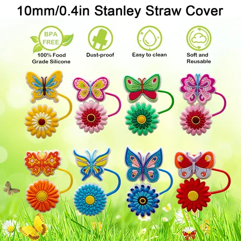 Cute Silicone Butterfly Flower Straw Cover Dust Plug For Tumblers Reusable Cup Accessories Decorative Straw Topper