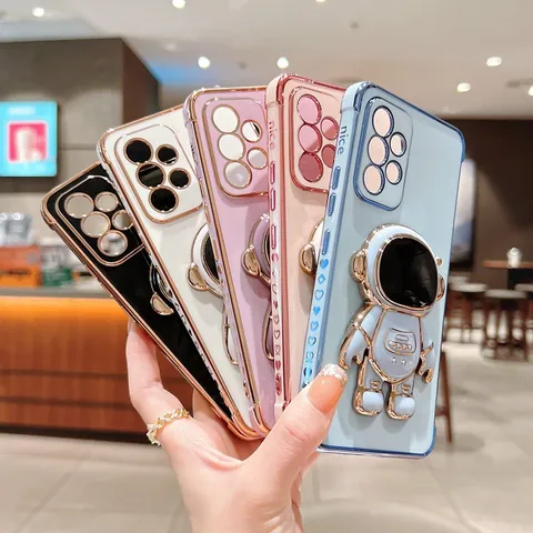 Gegalvaniseerd Liefdeshart Telefoonhoesje Met 3D Astronautenhouder Zacht TPU Valbestendige Beschermhoes Voor Samsung Galaxy Serie
