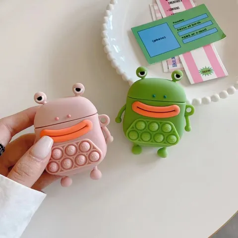 Mignon Dessin Animé Grenouille Silicone Bluetooth Écouteur Étui Souple Fidget Pousser Bulle Housse de Protection Pour Écouteurs Sans Fil