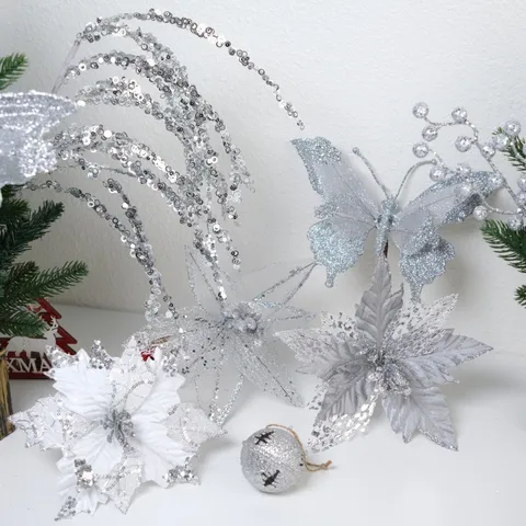 Silber Pailletten Durchbrochen Schmetterling Weihnachtsbaum Dekoration Blume Feiertag Party Hotel Display Requisiten Festival Ornamente
