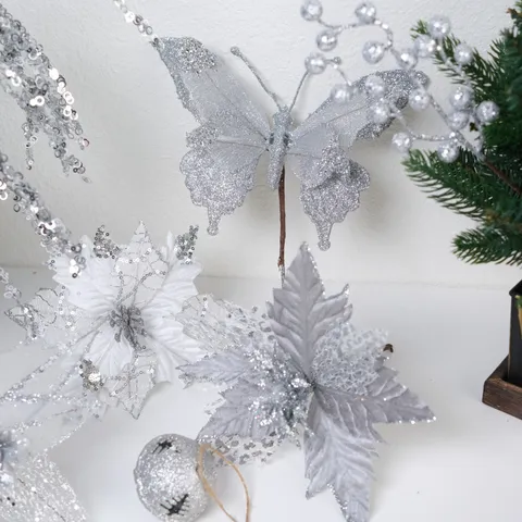 Silber Pailletten Durchbrochen Schmetterling Weihnachtsbaum Dekoration Blume Feiertag Party Hotel Display Requisiten Festival Ornamente