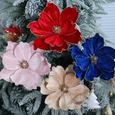 Weihnachten Samt Künstliche Blume Goldrand Glitzer Magnolie Blumen Für Weihnachtsbaum Zuhause Feiertag Party Dekoration