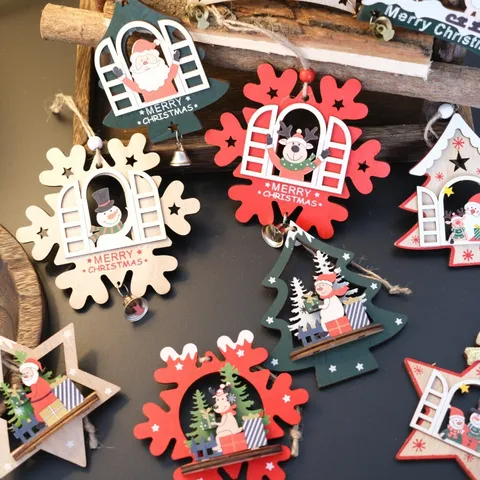 Mehrschichtige Ausgehöhlte Hölzerne Weihnachtsanhänger Elch Schneemann Weihnachtsbaum Hängende Ornamente Party Heimdekoration