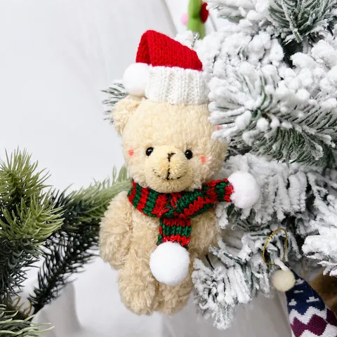Weihnachten Süßer Teddybär Plüschpuppe Hängeornament Roter Hut Strickschal Weiches Stofftier Feiertagsparty Dekor