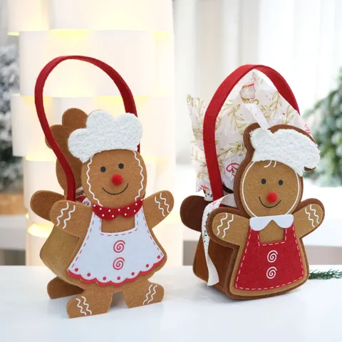Sac Cabas en Feutrine Bonhomme de Pain d'Epices de Noël Ornement de Table Festif Emballage Cadeau Décoration