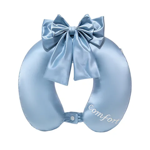 Oreiller de Cou en Forme de U en Mousse à Mémoire de Forme et Soie Glacée Mignon Nœud Voyage Bureau Oreiller de Sieste Ergonomique