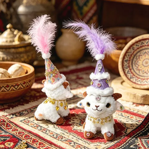 Bambola di Pecora in Peluche Etnica dello Xinjiang Giocattolo di Peluche con Cappello di Piume Gioielli in Strass Ciondolo Regalo Creativo