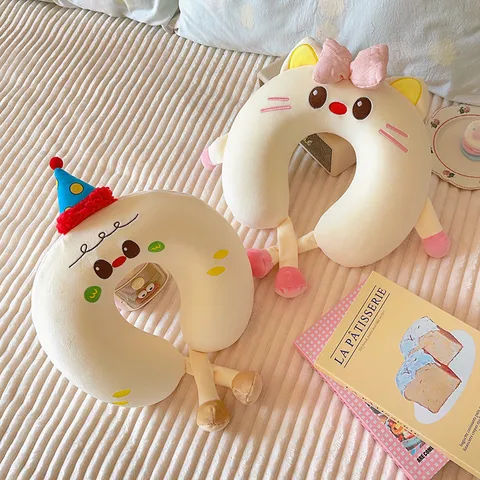 Oreiller de Voyage en Forme de U en Mousse à Mémoire de Forme Pain Dessin Animé Mignon Doux Peluche Bureau Sieste