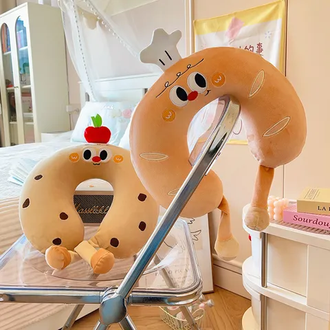 Oreiller de Voyage en Forme de U en Mousse à Mémoire de Forme Pain Dessin Animé Mignon Doux Peluche Bureau Sieste
