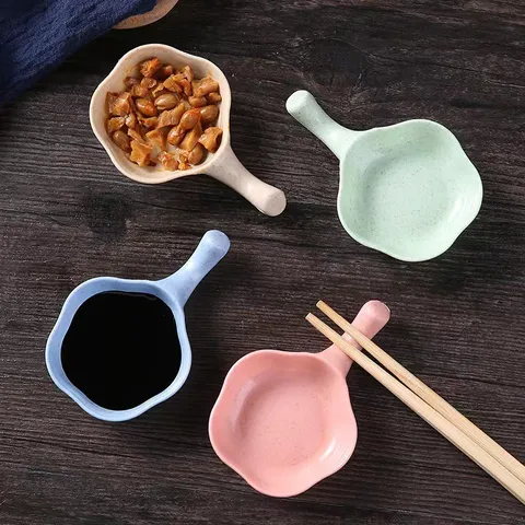 Wheat Straw Sauce Dish With Handle Floral Shape Soy Vinegar Seasoning Plate Kitchen Dining Tableware Accessories