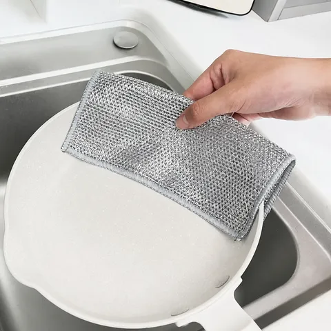 Double Sided Silver Wire Dishcloth Non Scratch Cleaning Cloth Kitchen Dish Washing Rag