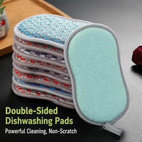 Double Sided Silver Wire Scrub Sponge Kitchen Dishwashing Sponge Thickened Cleaning Cloth Pot Cleaning Rag