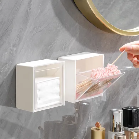 Wall Mounted Plastic Storage Box Flip Cover Cosmetic Cotton Pad Swab Holder Desktop Organizer Bathroom Container
