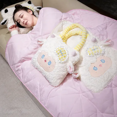 Cute Sheep Pillow Blanket 2 in 1 Cartoon Animal Plush Toy Soft Warm Travel Air Conditioning Quilt Home Office Decor