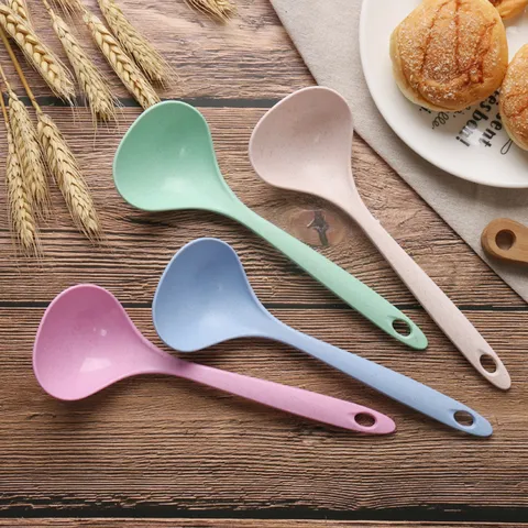 Wheat Straw Plastic Long Handle Large Soup Spoon Eco-Friendly Dinnerware Dining Serving Spoon For Kitchen Home