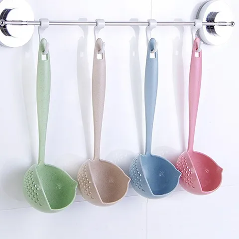 Wheat Straw Two In One Soup Spoon Colander Long Handle Eco Friendly Kitchen Gadget Multifunctional Drainage Spoon