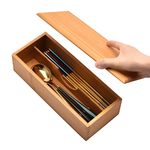 Boîte à Baguettes en Bambou de Style Japonais Avec Couvercle Boîte de Rangement de Couverts Compartimentée Organisateur de Vaisselle de Cuisine
