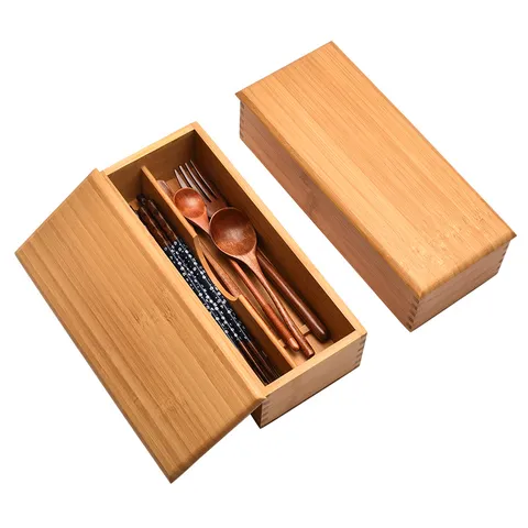 Boîte à Baguettes en Bambou de Style Japonais Avec Couvercle Boîte de Rangement de Couverts Compartimentée Organisateur de Vaisselle de Cuisine