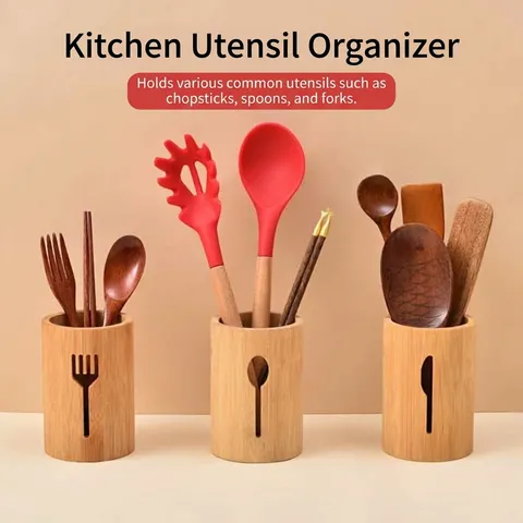 Porte-Baguettes Naturel en Bambou pour Plan de Travail de Cuisine Bac de Rangement avec Trous de Drainage et Motif Ajouré