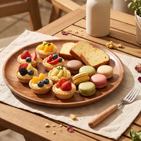 Plateau de Service Rond en Bois d'Acacia Naturel Assiette de Dessert de Fruit de Collcollation en Bois pour la Vaisselle de Cuisine à la Maison
