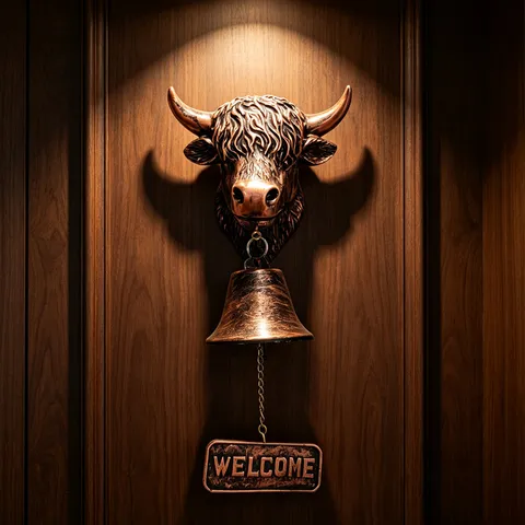 Campana de Bienvenida Vaca de las Tierras Altas Bronce Antiguo Resina Timbre de Pared Escultura Vaca Escocesa Letrero Bienvenida Decoración