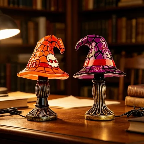 Halloween Witch Hat Table Lamp Resin Mosaic Style Desktop Ornament LED Night Light For Festival Party Home Decor