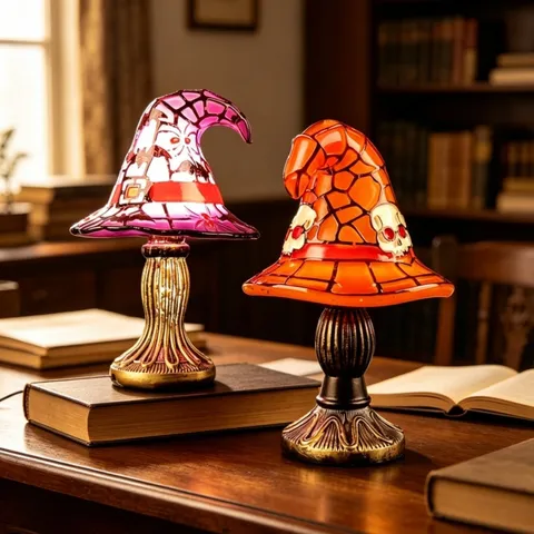 Halloween Witch Hat Table Lamp Resin Mosaic Style Desktop Ornament LED Night Light For Festival Party Home Decor