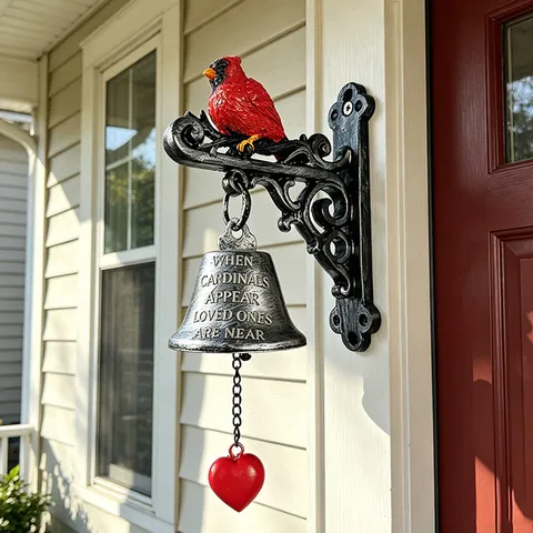 Kardinaalvogel Herdenkingstuinbel Vintage IJzer Hars Hangende Gong Met Rood Hart Pendentief Buiten Decoratie Cadeau