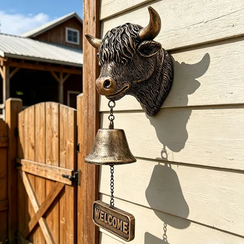 Campana de Bienvenida Vaca de las Tierras Altas Bronce Antiguo Resina Timbre de Pared Escultura Vaca Escocesa Letrero Bienvenida Decoración