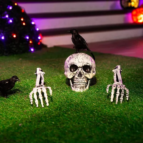 Halloween Realistic Skull Skeleton Hands Yard Stakes Black Crows Outdoor Garden Horror Decoration Haunted House Prop Collection