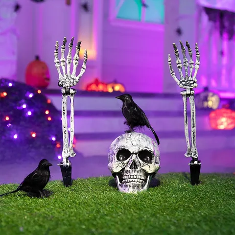 Halloween Realistic Skull Skeleton Hands Yard Stakes Black Crows Outdoor Garden Horror Decoration Haunted House Prop Collection