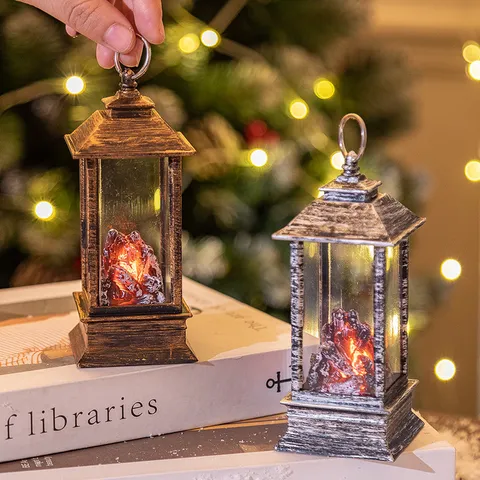 Retro LED Simulation Flame Lantern Fireplace Effect Night Light Decorative Hanging Lamp For Christmas Home Holiday Party Desktop Decor
