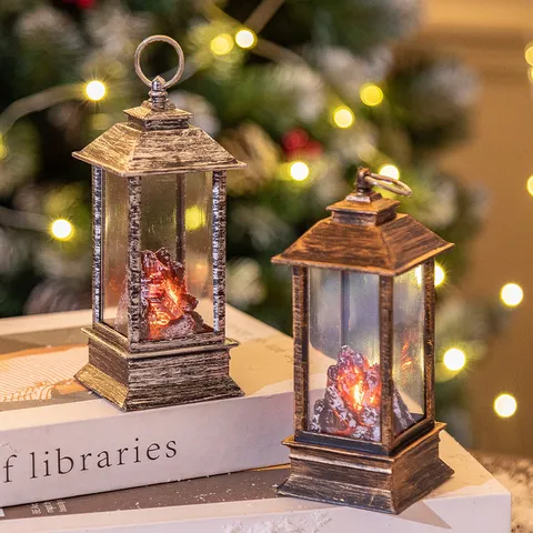 Retro LED Simulation Flame Lantern Fireplace Effect Night Light Decorative Hanging Lamp For Christmas Home Holiday Party Desktop Decor