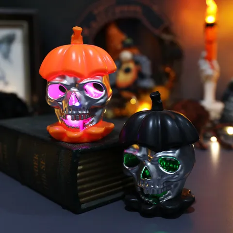 Halloween Skull Pumpkin Electronic Candle LED Lamp Silver Metallic Skeleton Ghost Festival Decoration Prop Light