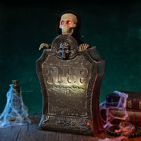 Puntello Per Lapide Animata Di Halloween Con Occhi Rossi Splendenti Ed Effetti Sonori Spaventosi Sollevamento Del Teschio RIP Lapide Per Arredamento Festa Casa Stregata