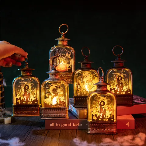 Halloween LED Φανάρι Ρετρό Κρεμαστό Φωτάκι Νυκτός Κολοκύθα Χάρος Μάγισσα Μοτίβο για Εσωτερική Διακόσμηση Τραπεζιού Πάρτι
