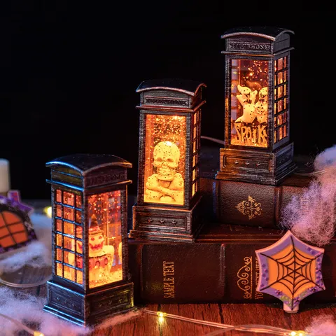 Lanterna a Cabina Telefonica Vintage per Halloween Luce Notturna LED Zucca Fantasma Scheletro Lampada ad Acqua Scintillante