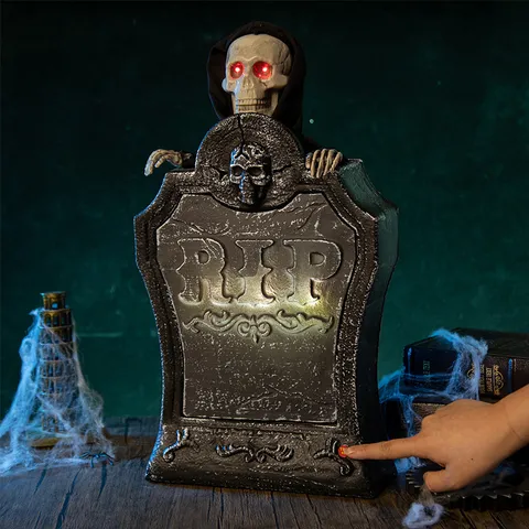 Puntello Per Lapide Animata Di Halloween Con Occhi Rossi Splendenti Ed Effetti Sonori Spaventosi Sollevamento Del Teschio RIP Lapide Per Arredamento Festa Casa Stregata