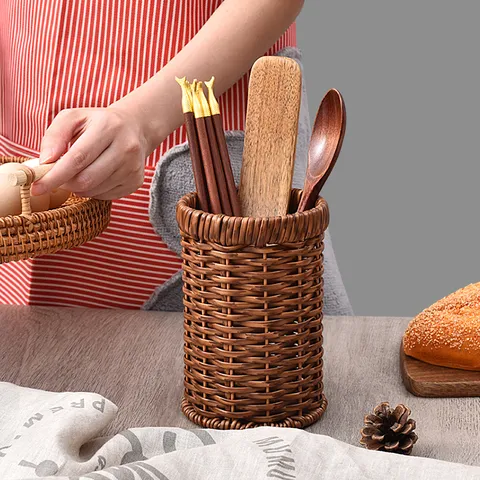 Polypropylene Imitation Rattan Chopsticks Holder Kitchen Tableware Draining Storage Basket Organizer Countertop