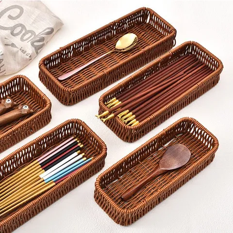 Imitation Rattan Tableware Storage Basket Plastic Draining Basket Bread Fruit Basket Kitchen Organizer Woven Storage Bin
